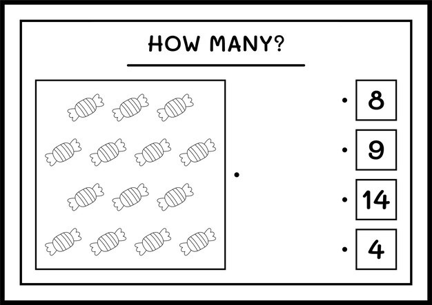 Combien de Candy, jeu pour enfants. Illustration vectorielle, feuille de calcul imprimable