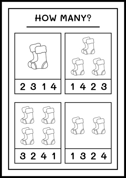 Combien de chaussettes de noël, jeu pour enfants. Illustration vectorielle, feuille de calcul imprimable