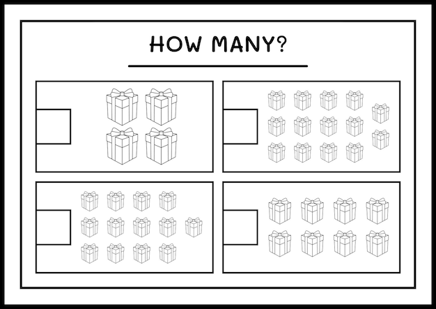 Combien De Coffret Cadeau, Jeu Pour Enfants. Illustration Vectorielle, Feuille De Calcul Imprimable
