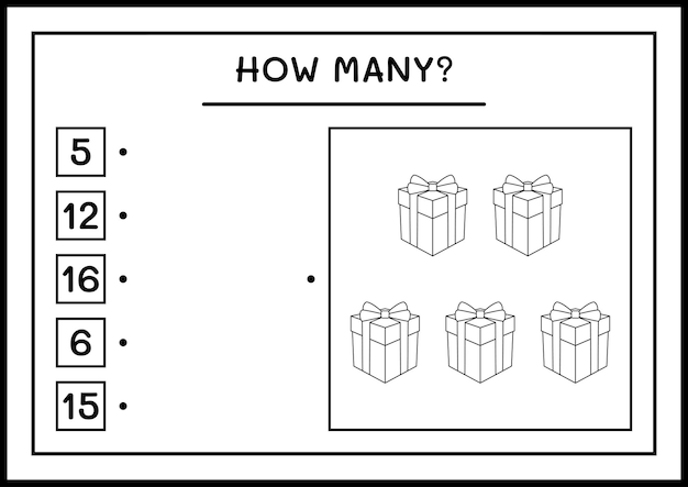 Combien De Coffret Cadeau, Jeu Pour Enfants. Illustration Vectorielle, Feuille De Calcul Imprimable