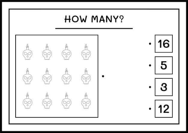 Combien De Crâne Avec Bougie, Jeu Pour Enfants. Illustration Vectorielle, Feuille De Calcul Imprimable