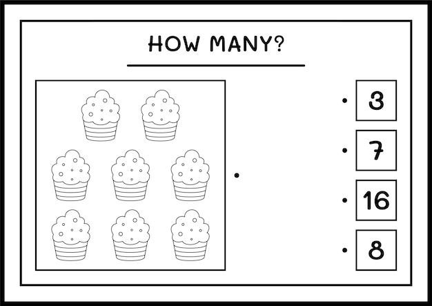 Combien De Cup Cake, Jeu Pour Enfants. Illustration Vectorielle, Feuille De Calcul Imprimable