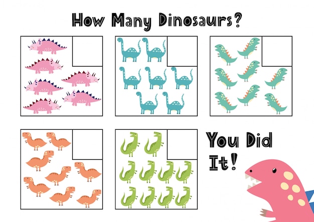 Combien De Dinosaures Voyez-vous? Comptez Et écrivez La Page D'activité Des Nombres. Jeu éducatif De Mathématiques Pour Les Enfants Au Format A4 Avec Des Dinosaures. Illustration