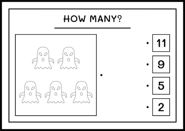 Combien de Ghost, jeu pour enfants. Illustration vectorielle, feuille de calcul imprimable