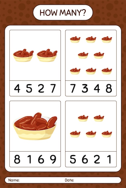 Combien De Jeu De Comptage Avec Bol De Dates. Feuille De Travail Pour Les Enfants D'âge Préscolaire, Feuille D'activité Pour Enfants, Feuille De Travail Imprimable