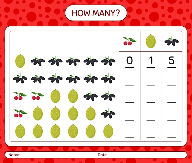 Combien De Jeu De Comptage Avec Des Fruits. Feuille De Travail Pour Les Enfants D'âge Préscolaire, Feuille D'activité Pour Enfants, Feuille De Travail Imprimable