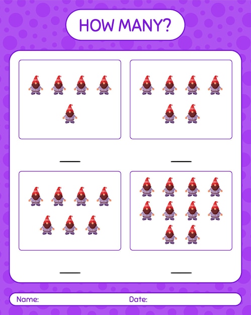 Combien De Jeu De Comptage Avec Gnome. Feuille De Travail Pour Les Enfants D'âge Préscolaire, Feuille D'activité Pour Enfants
