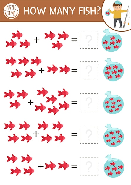 Combien de jeux de poissons avec des poissons mignons dans le sac avec de l'eau Activité d'addition mathématique d'été pour les enfants d'âge préscolaire Feuille de calcul de comptage simple imprimable pour les enfants avec garçon et rodxA