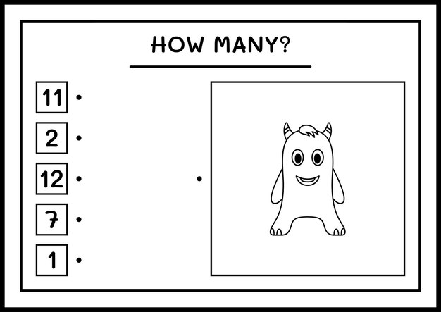 Combien de Monster, jeu pour enfants. Illustration vectorielle, feuille de calcul imprimable