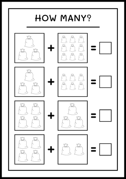 Combien De Sac Rouge Du Père Noël, Jeu Pour Enfants. Illustration Vectorielle, Feuille De Calcul Imprimable