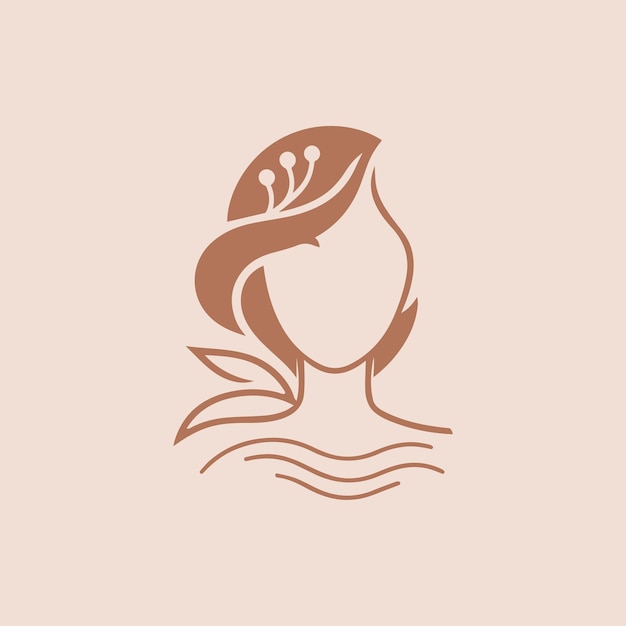 Combination de visage et de feuille de femme avec Lineart Outline Style Spa Logo Icon Symbole Illustration vectorielle