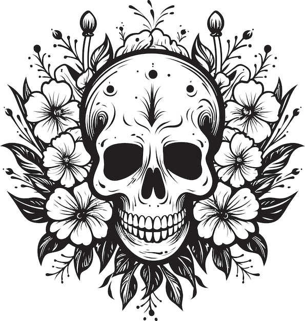 Vecteur combinations de crânes et de fleurs crânes en fleurs art linéaire épais