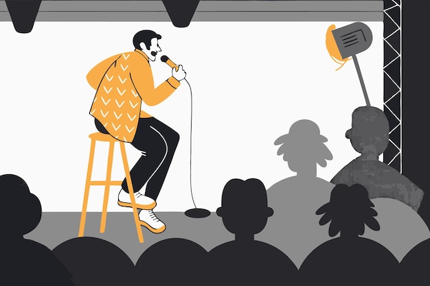Comédien de stand-up avec un microphone interprétant sa comédie Comédien d'stand-up avec Mike racontant des blagues lors d'un spectacle de micro ouvert Artiste en direct assis sur un tabouret Art d'illustration de concept plat sur fond blanc