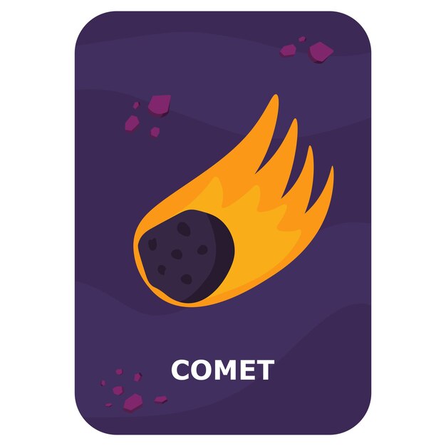 Comet Vector Space carte flash Jeu de langue anglaise avec mignon astronaute fusée planète comète extraterrestre pour les enfants Flashcards d'astronomie avec des personnages amusants Feuille de travail éducative simple à imprimer