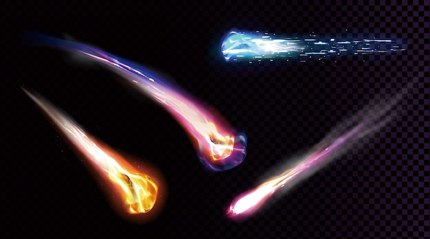 Vecteur comètes en chute, astéroïdes ou météores avec une traînée de flammes isolée sur un fond transparent