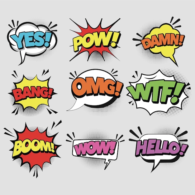 Comic Speech Bubbles Pop Art Vector dans le jeu de style demi-ton