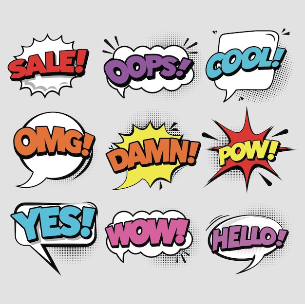 Comic Speech Bubbles Pop Art Vector dans le jeu de style demi-ton