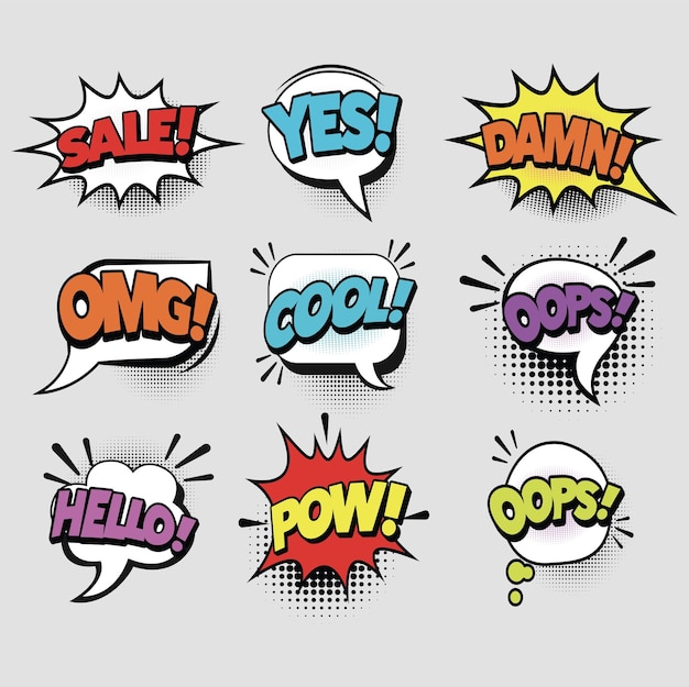 Comic Speech Bubbles Pop Art Vector dans le jeu de style demi-ton