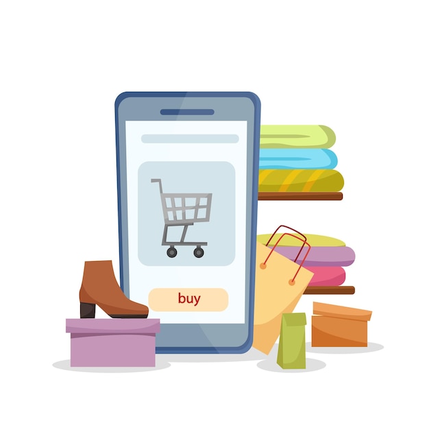 Vecteur commande en ligne par téléphone shopping app eshop illustration vectorielle de vêtements de téléphone sur des étagères sacs