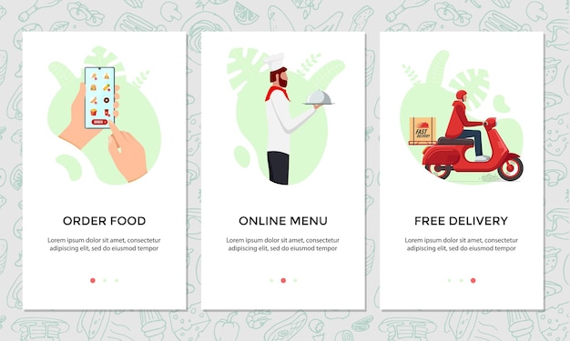 Commandez un ensemble de bannières d'applications mobiles en ligne. Choisit le plat sur le modèle d'écran du smartphone. Le chef a cuisiné des plats et une livraison express gratuite en scooter du concept de service de restaurant. Illustration de l'expédition du produit