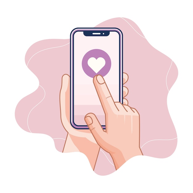 Vecteur comme sur un écran de smartphonela main tient le téléphone et appuie sur le bouton like sur l'écran du téléphone