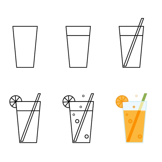 Vecteur comment dessiner un verre de jus instructions pas à pas pour créer une illustration vecteur orange