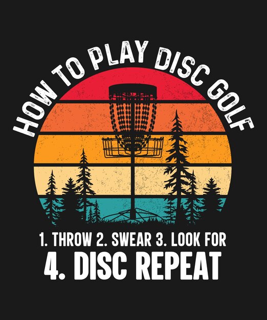 Vecteur comment jouer au disc golf 1 lancer 2 jurer 3 chercher 4 disques répéter