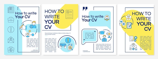 Comment Rédiger Un Modèle De Brochure De Cv. Mettez En évidence Les Compétences Dans Le Curriculum Vitae. Flyer, Brochure, Dépliant Imprimé, Conception De La Couverture Avec Des Icônes Linéaires. Dispositions Vectorielles Pour La Présentation, Les Rapports Annuels, Les Pages De Publicité