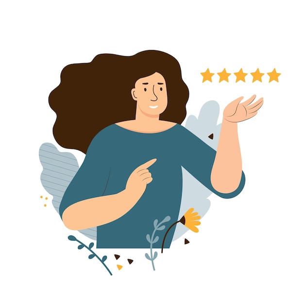 Commentaires des clients Évaluation positive Commentaires sur l'expérience des utilisateurs Femme évaluant le service du produit