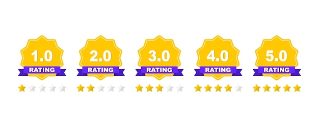Commentaires ou évaluation Ensemble d'insignes d'étoiles de notation avec ruban dans un design plat Examen de l'évaluation du produit client Ensemble d'un insigne de timbre d'évaluation Niveau de classement de satisfaction Illustration vectorielle