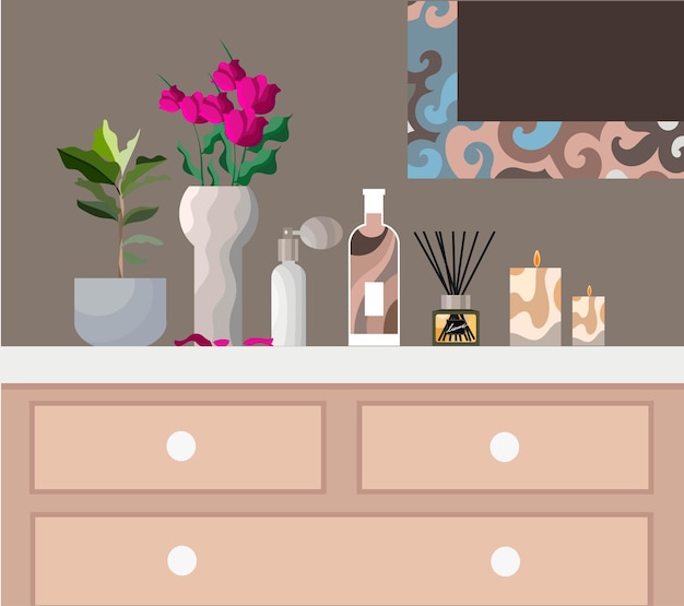 Commode Avec Un Vase Et Un Décor Illustration Dans Un Style Plat