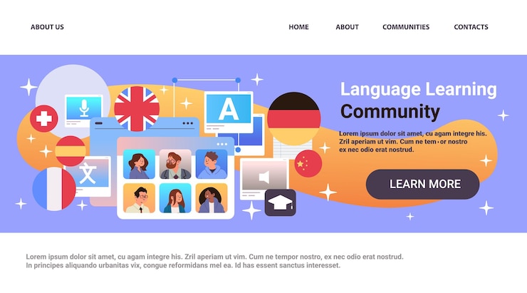 Vecteur la communauté d'apprentissage des langues est une plateforme en ligne avec des drapeaux internationaux, des écrans d'ordinateur, des personnes, des avatars et des icônes de chat, un fond coloré et un modèle de conception de site web.