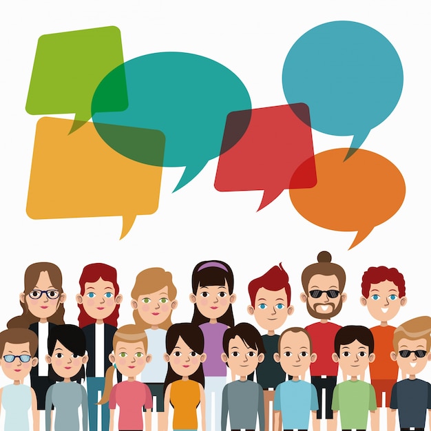Communauté de personnes de bande dessinée parlant discours de bulle de communication