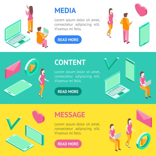 Communication sur Internet Personnes Concept Banner Ensemble horizontal 3D Vector de vue isométrique