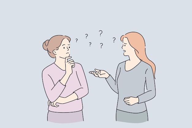 Communication, Sentiment De Doute Et D'incertitude. Deux Jeunes Femmes Debout Communiquant En Discutant Avec L'une D'elles, Sentiment De Doute Frustré Illustration Vectorielle