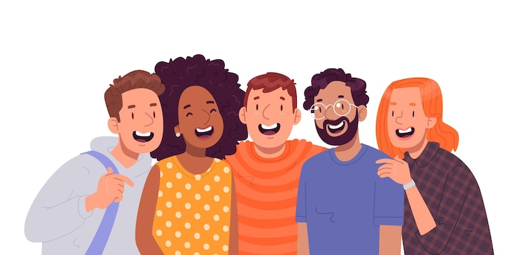 Vecteur une compagnie d'amis heureux, de jeunes gens joyeux sur un fond blanc, un concept d'unité d'amitié.