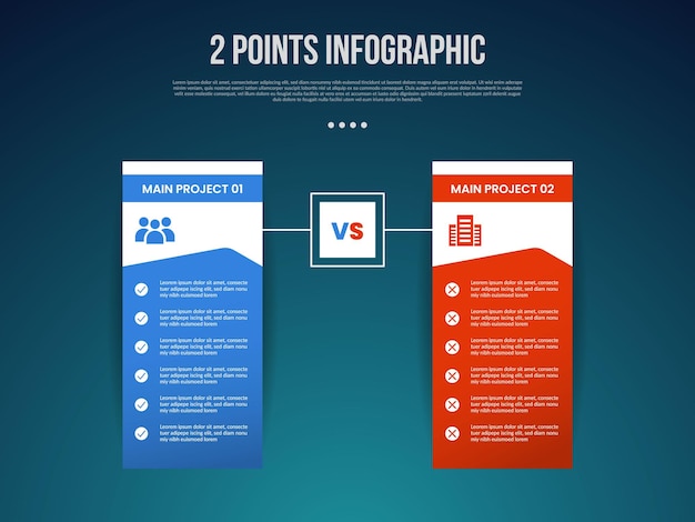 Comparaison de modèles en 2 ou 2 points par rapport aux choses dans l'infographie avec un tableau carré encadré avec une boîte de contour par rapport au style sombre moderne pour la présentation de diapositives