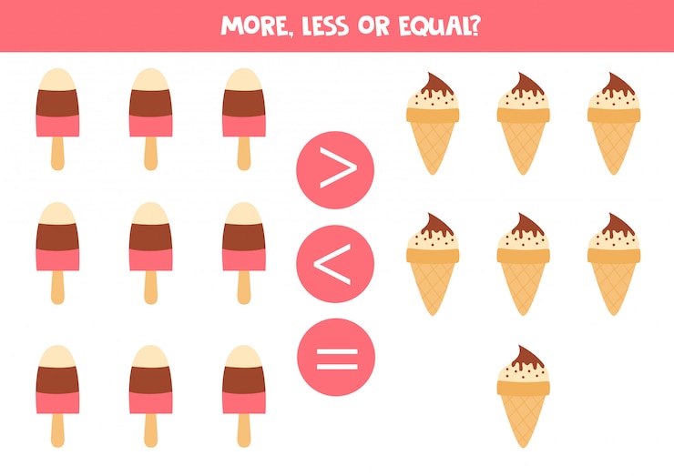 Vecteur comparez la quantité de glaces. plus, moins ou égal.