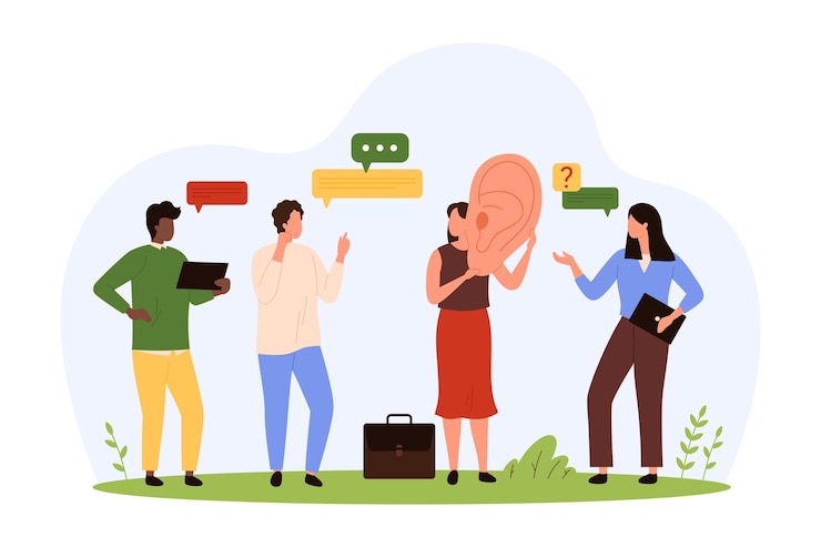 Vecteur compétence du patron avec une grande oreille pour écouter les conseils, les suggestions et les opinions des employés