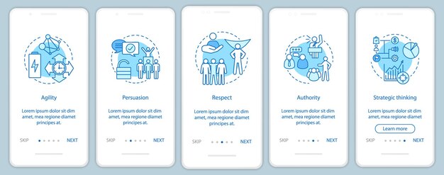 Compétences du leader d'intégration du modèle vectoriel d'écran de page d'application mobile. Qualités douces RH, capacités. Respect, autorité, persuasion pas à pas des étapes du site Web. Concept d'interface de smartphone UX, UI, GUI