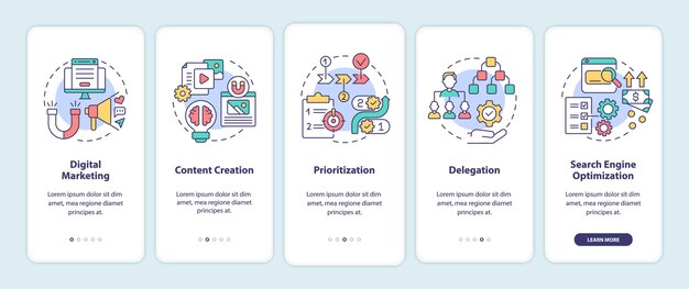 Compétences d'entrepreneur en ligne à bord de l'écran de la page de l'application mobile. Procédure pas à pas pour le marketing numérique, instructions graphiques en 5 étapes avec des concepts. Modèle vectoriel UI, UX, GUI avec illustrations en couleurs linéaires