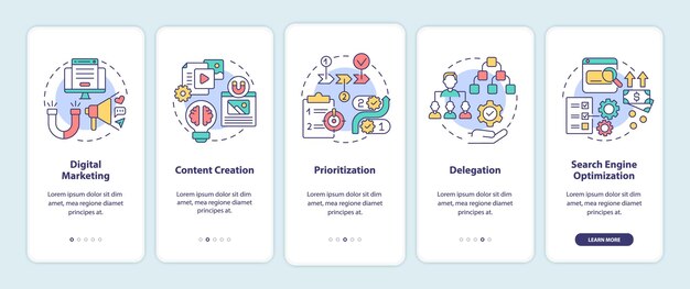 Compétences D'entrepreneur En Ligne à Bord De L'écran De La Page De L'application Mobile. Procédure Pas à Pas Pour Le Marketing Numérique, Instructions Graphiques En 5 étapes Avec Des Concepts. Modèle Vectoriel Ui, Ux, Gui Avec Illustrations En Couleurs Linéaires