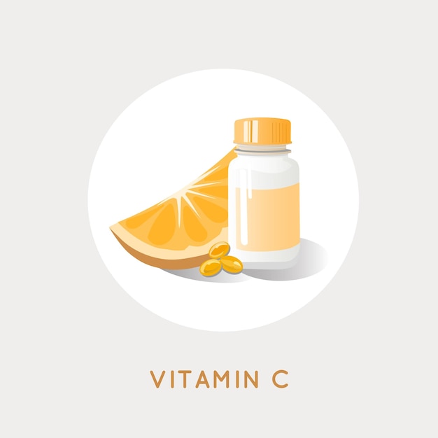 Compléments Alimentaires. Vitamine C. Suppléments Naturels. Pilules Et Gélules. Illustration Vectorielle.