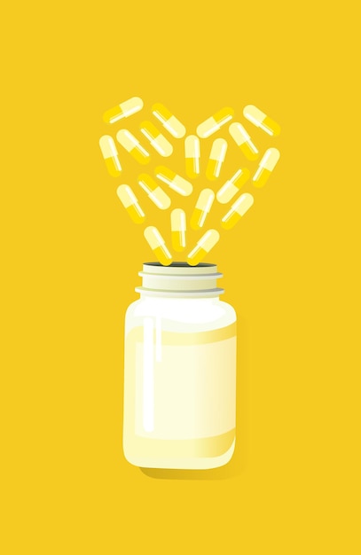 Compléments Alimentaires. Vitamine C. Vitamines. Gélules Jaunes. Bouteille En Plastique, Pot. Illustration Vectorielle.