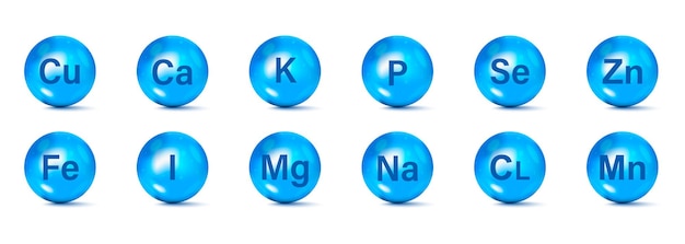 Vecteur complex de vitamines et de minéraux set d'icônes de suppléments minéraux essentiels minéraux et complexes de vitamines calcium zinc magnésium manganèse fer molybdénite iode cobalt chrome cuivre potassium silicium