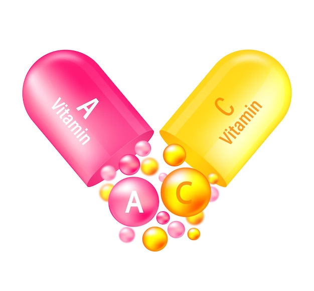 Vecteur complexe de vitamines a et c capsule jaune et rose avec vitamine a et c