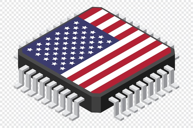 Composante électronique d'ordinateur à micropuce avec drapeau des États-Unis Icône de micropuce micropuce isométrique Technologie de processeur informatique Microprocesseur