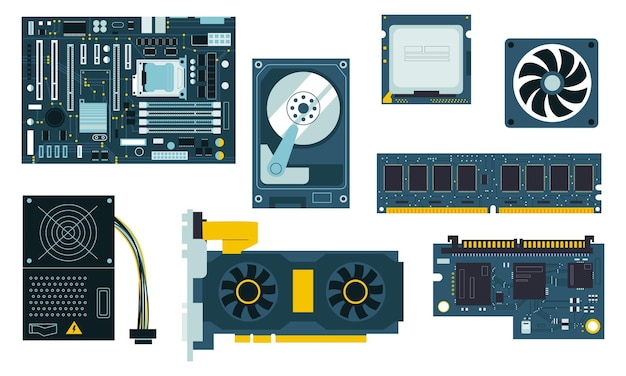 Vecteur composants pc cpu refroidisseur de carte mère gpu ssd et modules de mémoire dessinés à la main unité centrale et alimentation vector pièces d'ordinateur personnel ensemble isolé