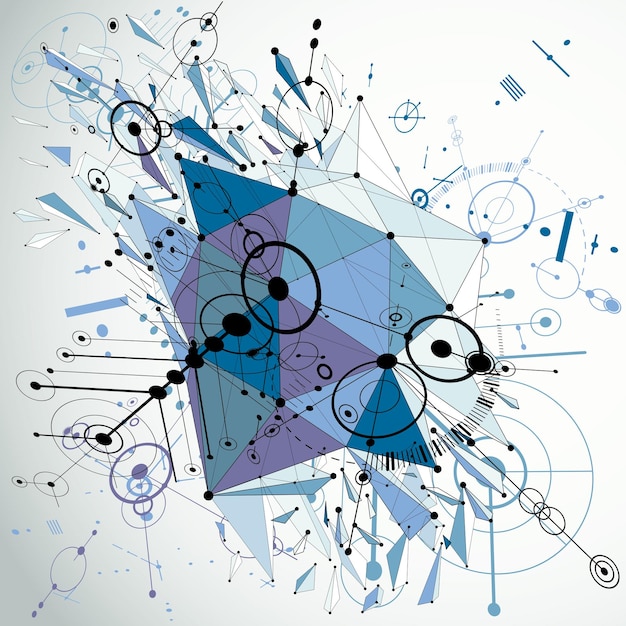 Composition 3d de l'art Bauhaus avec objet déformé low poly, fond d'écran vectoriel modulaire bleu en perspective réalisé à l'aide de cercles et de treillis métallique. Toile de fond graphique à utiliser comme modèle de couverture de livret.