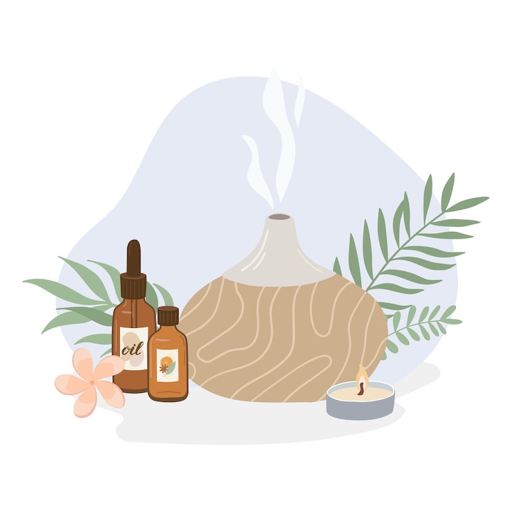 Vecteur composition avec accessoires d'aromathérapie aux huiles essentielles